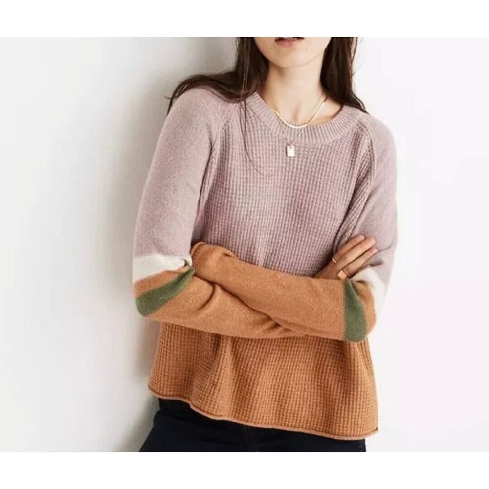 Madewell Sweater Womens‎ XS Colorblock Waffle Knit Crop Pink Tan Merino Wool